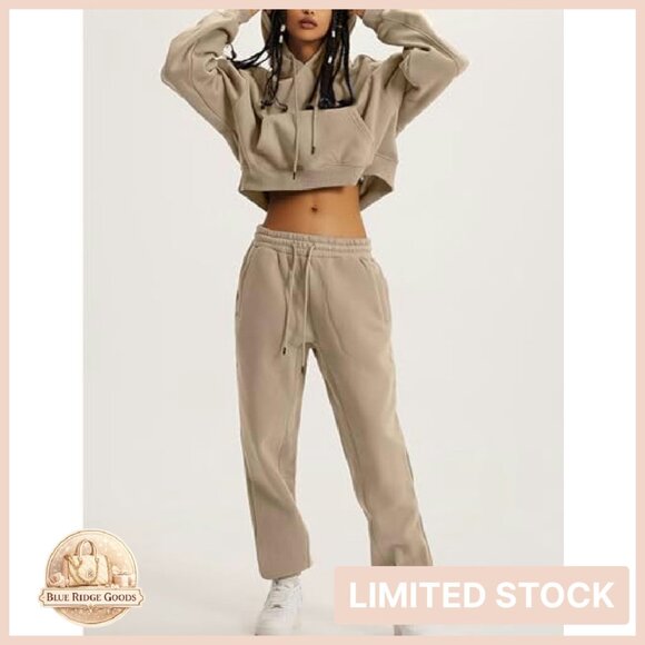 Fleece Crop Hoodie Jogger Set Y2K Chic Oversized Warm Winter Activewear - Picture 6 of 8